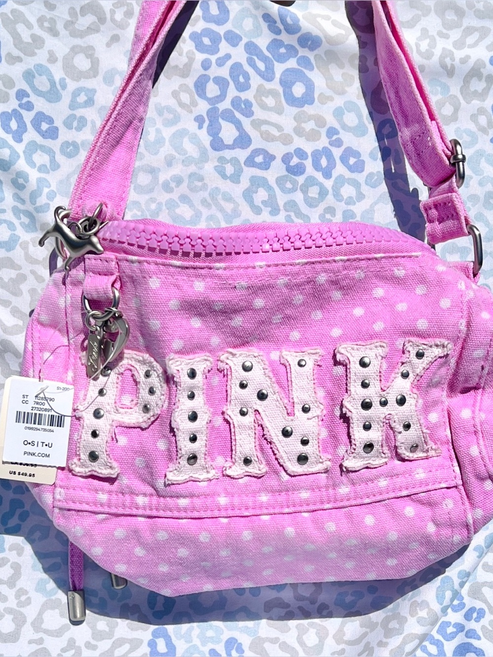 New VS Victoria’s Secret PINK Canvas Rolled Mini Duffle Shoulder Bag Polka Dot